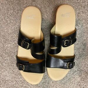 Dansko Black and Tan Women's Wedge Sandals